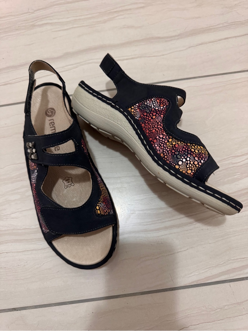 Remonte Navy Blue Sandals with Multicolor Accent Adjustable Velcro Straps Sz 38